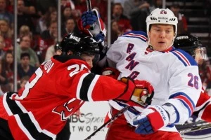 Anton Volchenkov #28 of the New Jersey Devils vies for position with Ruslan Fedotenko #26 of the Rangers Anton Volchenkov #28 of the New Jersey Devils vies for position with Ruslan Fedotenko #26 of the Rangers