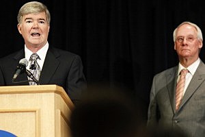 NCAA president Mark Emmert speaks as Ed Ray, chairman of the NCAA's executive committee and Oregon State president looks on, NCAA president Mark Emmert speaks as Ed Ray, chairman of the NCAA's executive committee and Oregon State president looks on,