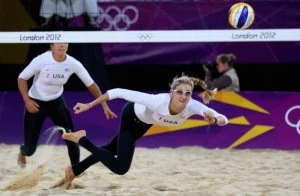 Kerri Walsh Jennings of the United States dives for a shot during the Women's Beach Volleyball Preliminary match between United States and Czech Republic on Day 3 of the London 2012 Olympic Games Kerri Walsh Jennings of the United States dives for a shot during the Women's Beach Volleyball Preliminary match between United States and Czech Republic on Day 3 of the London 2012 Olympic Games
