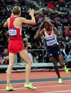 Mohamed Farah of Great Britain celebrates winning gold with silver medalist Galen Rupp of the United States Mohamed Farah of Great Britain celebrates winning gold with silver medalist Galen Rupp of the United States