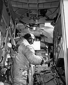 Neil Armstrong in training in a lunar module simulator. Neil Armstrong in training in a lunar module simulator.