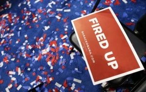 Signs and confetti sit on the floor after the Democrat National Convention Signs and confetti sit on the floor after the Democrat National Convention