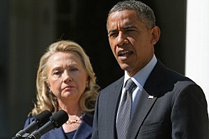 President Barack Obama and Secretary of State Hillary Clinton make a statement about the death of U.S. ambassador to Libya J. Christopher Stevens in the Rose Garden at the White House President Barack Obama and Secretary of State Hillary Clinton make a statement about the death of U.S. ambassador to Libya J. Christopher Stevens in the Rose Garden at the White House