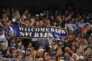 Baltimore Ravens fans cheer the return of regular referees during the game against the Cleveland Browns at M&T Bank Stadium on Thursday Baltimore Ravens fans cheer the return of regular referees during the game against the Cleveland Browns at M&T Bank Stadium on Thursday