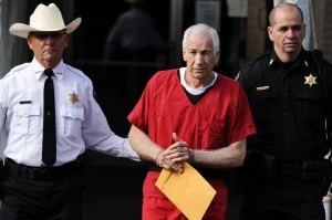 Jerry Sandusky (C) leaves the Centre County Courthouse after being sentenced Jerry Sandusky (C) leaves the Centre County Courthouse after being sentenced