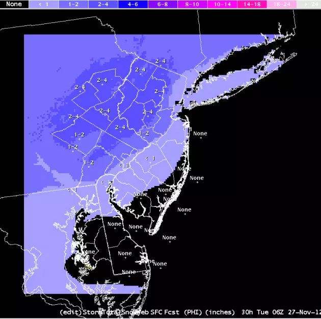 National Weather Service Snow accumulation map for Tuesday's storm National Weather Service Snow accumulation map for Tuesday's storm