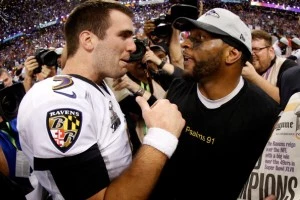 Baltimore's Joe Flacco and Ray Lewis celebrate their Super Bowl win Baltimore's Joe Flacco and Ray Lewis celebrate their Super Bowl win