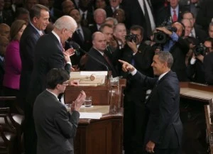 President Barack Obama (R) gestures to U.S. Vice President Joe Biden (L) and Speaker of the House John Boehner (R) before delivering his State of the Union President Barack Obama (R) gestures to U.S. Vice President Joe Biden (L) and Speaker of the House John Boehner (R) before delivering his State of the Union