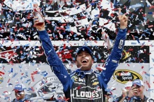 Jimmie Johnson, driver of the #48 Lowe's Chevrolet, celebrates in victory lane after winning the NASCAR Sprint Cup Series Daytona 500 Jimmie Johnson, driver of the #48 Lowe's Chevrolet, celebrates in victory lane after winning the NASCAR Sprint Cup Series Daytona 500