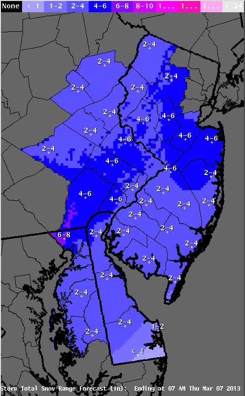 Expected snow accumulation from Wednesday storm Expected snow accumulation from Wednesday storm