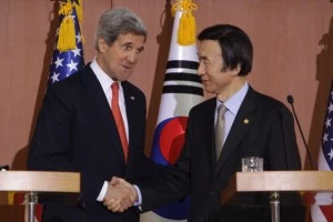 Secretary Of State John Kerry (L) and South Korean Foreign minister Yun Byung-Se (R) shake hands during a joint press conference Secretary Of State John Kerry (L) and South Korean Foreign minister Yun Byung-Se (R) shake hands during a joint press conference