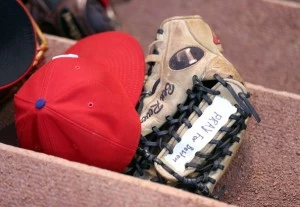 Ben Revere of the Philadelphia Phillies has a message on his gloves during the game agianst the Cincinnati Reds Ben Revere of the Philadelphia Phillies has a message on his gloves during the game agianst the Cincinnati Reds
