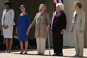 (L-R) First lady Michelle Obama, former first lady Laura Bush, former first lady Hillary Clinton, former first lady Barbara Bush and former first lady Rosalynn Carter attend the opening ceremony of the George W. Bush Presidential Center (L-R) First lady Michelle Obama, former first lady Laura Bush, former first lady Hillary Clinton, former first lady Barbara Bush and former first lady Rosalynn Carter attend the opening ceremony of the George W. Bush Presidential Center