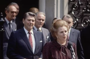 British prime minister Margaret Thatcher, American president Ronald Reagan (left) and US Secretary of State Alexander Haig (centre) outside Number 10, Downing Street during Reagan's state visit to London. British prime minister Margaret Thatcher, American president Ronald Reagan (left) and US Secretary of State Alexander Haig (centre) outside Number 10, Downing Street during Reagan's state visit to London.