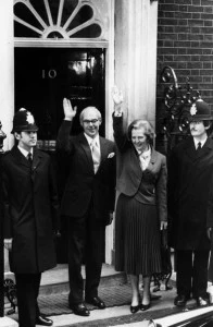 Margaret Thatcher, the first female prime minister of a European country, standing with her husband Denis Thatcher outside No 10 Downing Street after her General Election success. Margaret Thatcher, the first female prime minister of a European country, standing with her husband Denis Thatcher outside No 10 Downing Street after her General Election success.