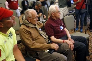 Dave Rice (L), 84, of Petaluma, California and Dave Knapp (R), 86, of Guilford, Connecticut listen at a news conference Dave Rice (L), 84, of Petaluma, California and Dave Knapp (R), 86, of Guilford, Connecticut listen at a news conference