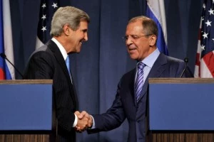 Secretary of State John Kerry (L) and Russian Foreign Minister Sergey Lavrov shake hands as they speak to the press in Geneva Secretary of State John Kerry (L) and Russian Foreign Minister Sergey Lavrov shake hands as they speak to the press in Geneva