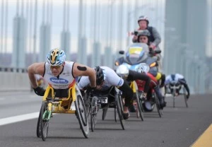 Athletes in the Wheelchair Division cross the Verrazano-Narrows Bridge at the start of the ING New York City Marathon Athletes in the Wheelchair Division cross the Verrazano-Narrows Bridge at the start of the ING New York City Marathon