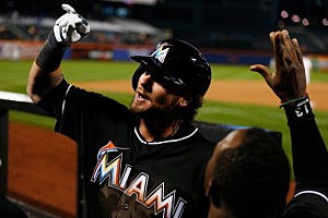 Jarrod Saltalamacchia #39 of the Miami Marlins celebrates after hitting a go ahead home run in the tenth inning against the New York Mets Jarrod Saltalamacchia #39 of the Miami Marlins celebrates after hitting a go ahead home run in the tenth inning against the New York Mets