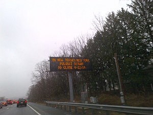 An electronic sign on I-95 in Bucks County, Pennsylvania warns of the Pulaski Skyway, an example of how surrounding states are working to inform drivers of the project An electronic sign on I-95 in Bucks County, Pennsylvania warns of the Pulaski Skyway, an example of how surrounding states are working to inform drivers of the project