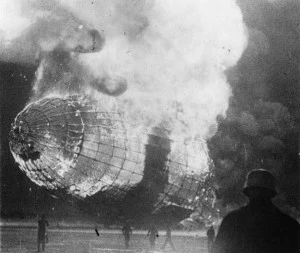 The German airship 'Hindenburg' (LZ-129) in flames after the disaster on its arrival at Lakehurst, New Jersey. The German airship 'Hindenburg' (LZ-129) in flames after the disaster on its arrival at Lakehurst, New Jersey.