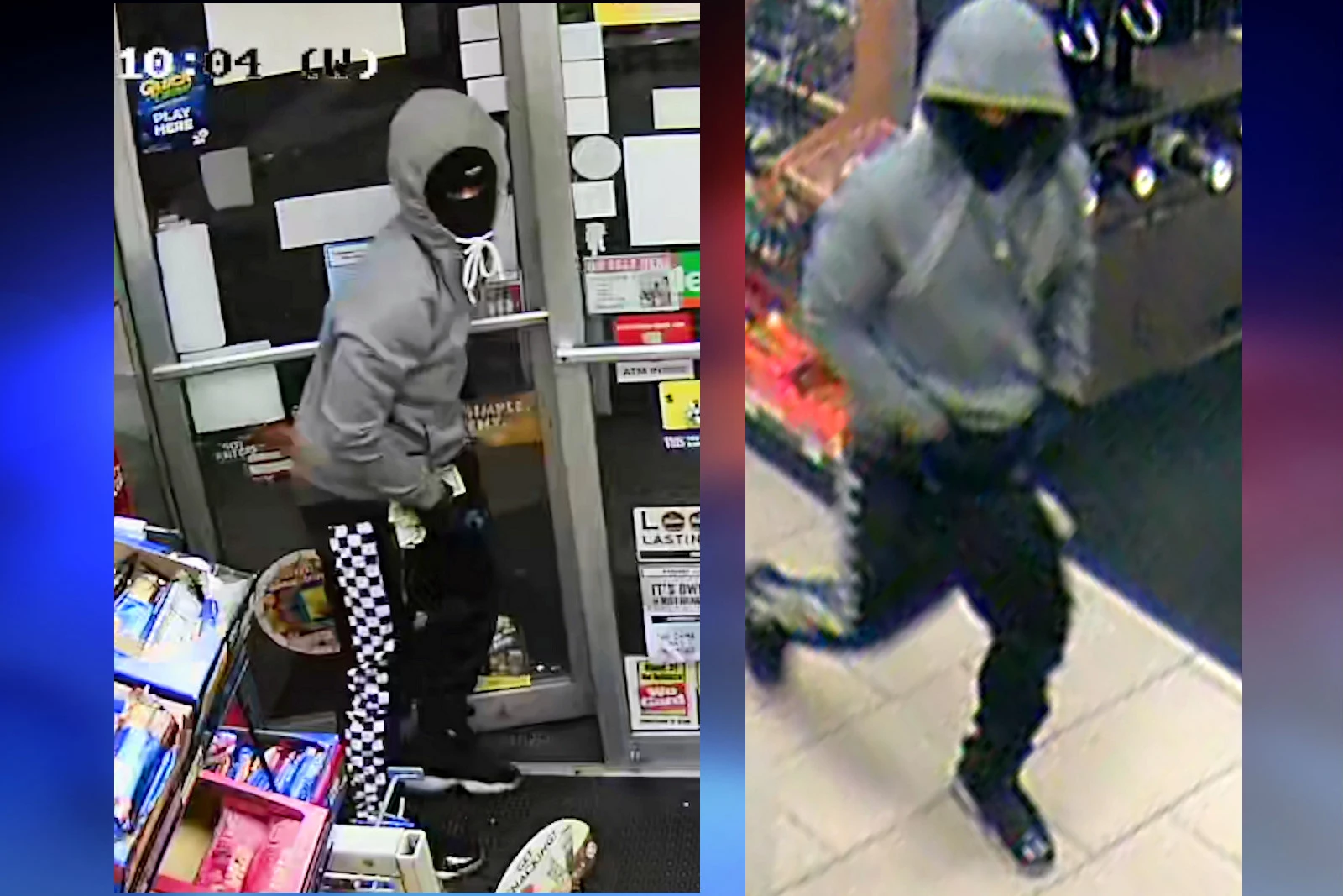 Surveillance photo of suspecy in East Hanover (L) and Randolph armed robberies