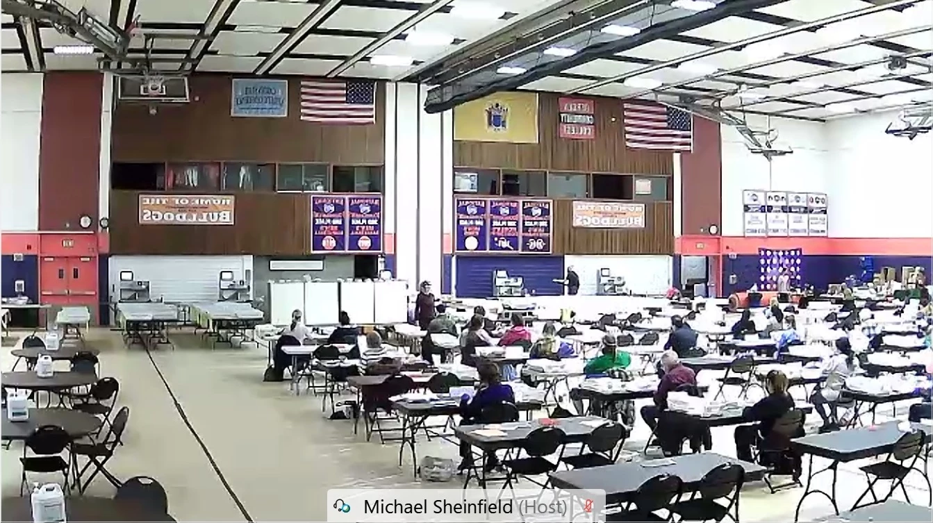 Workers for the Bergen County Board of Elections counting some of the ballots cast early for the 2020 general election on Monday, Oct. 26, 2020. (Screenshot from Bergen County Board of Elections livestream)