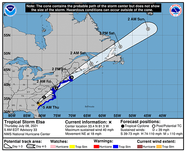 Tropical Storm Elsa forecast track, as of 5 a.m. Thursday.  (NOAA / NHC)