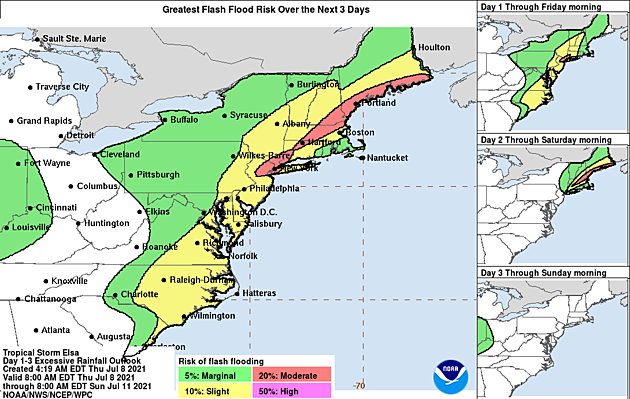 Flash Flood Guidance from the National Hurricane Center paints NE NJ in a "Moderate Risk" for water issues from Elsa.  (NOAA / NHC)