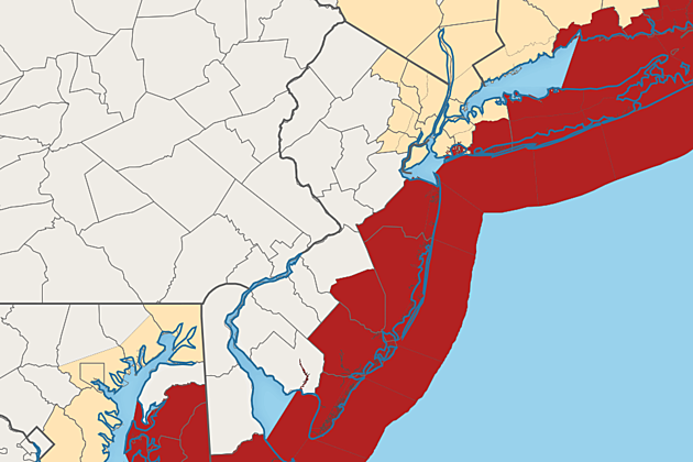 A Tropical Storm Warning (red) for the Jersey Shore means tropical storm conditions are possible within 36 hours.