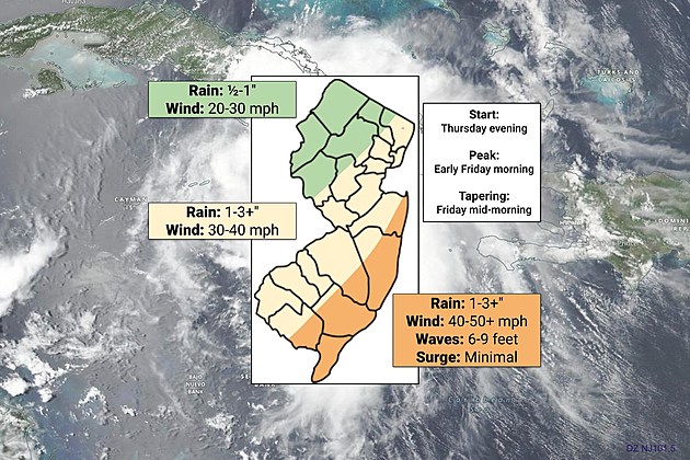 Tropical Storm Elsa's impacts forecast for New Jersey.  This will be mainly a rain and wind maker.  (Map: Dan Zarrow, Townsquare Media / Photo: NASA)