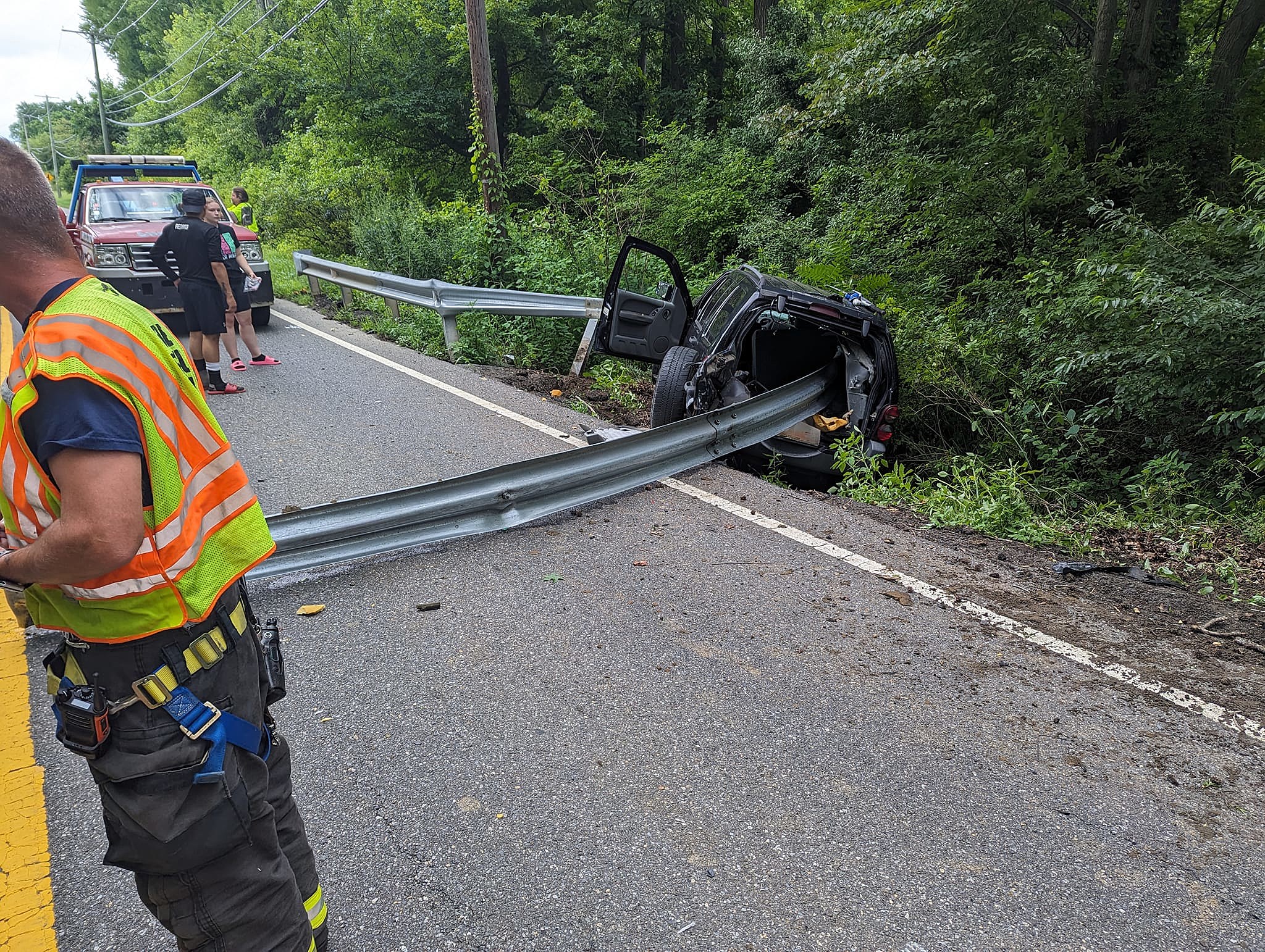 A guardrail protrudes from an SUV after an accident in Roosevelt, NJ. Photo: Millstone Township Fire Department via Facebook