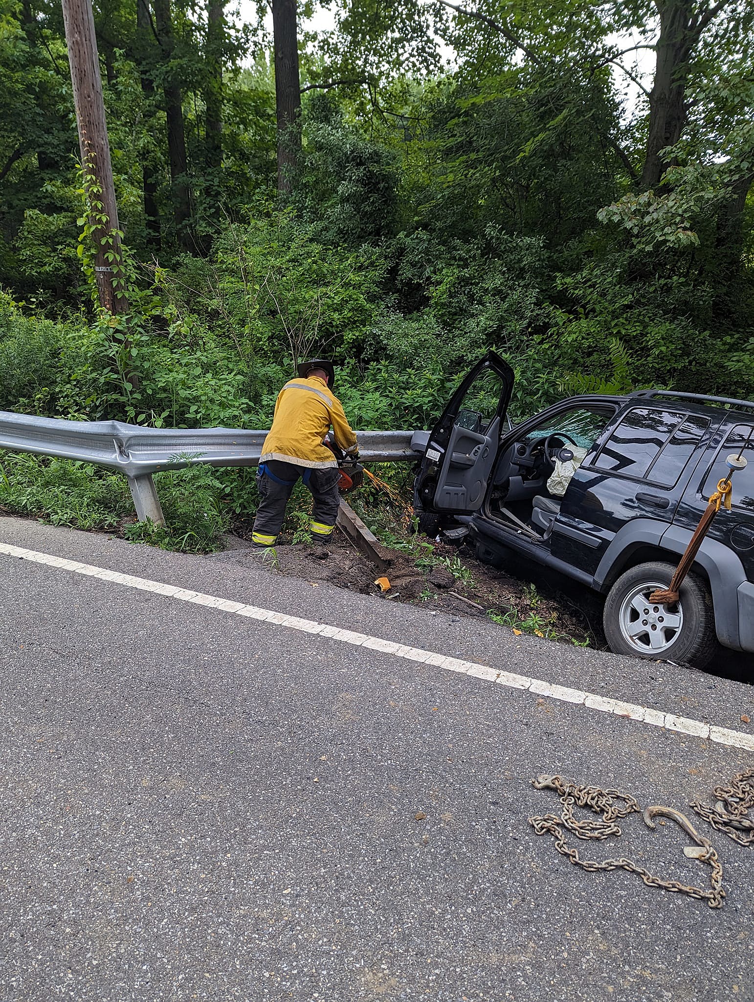 Members of the Millstone Fire Department responded to an accident in Roosevelt, NJ, where a guardrail was impaled through an SUV. Photo: Millstone Township Fire Department via Facebook