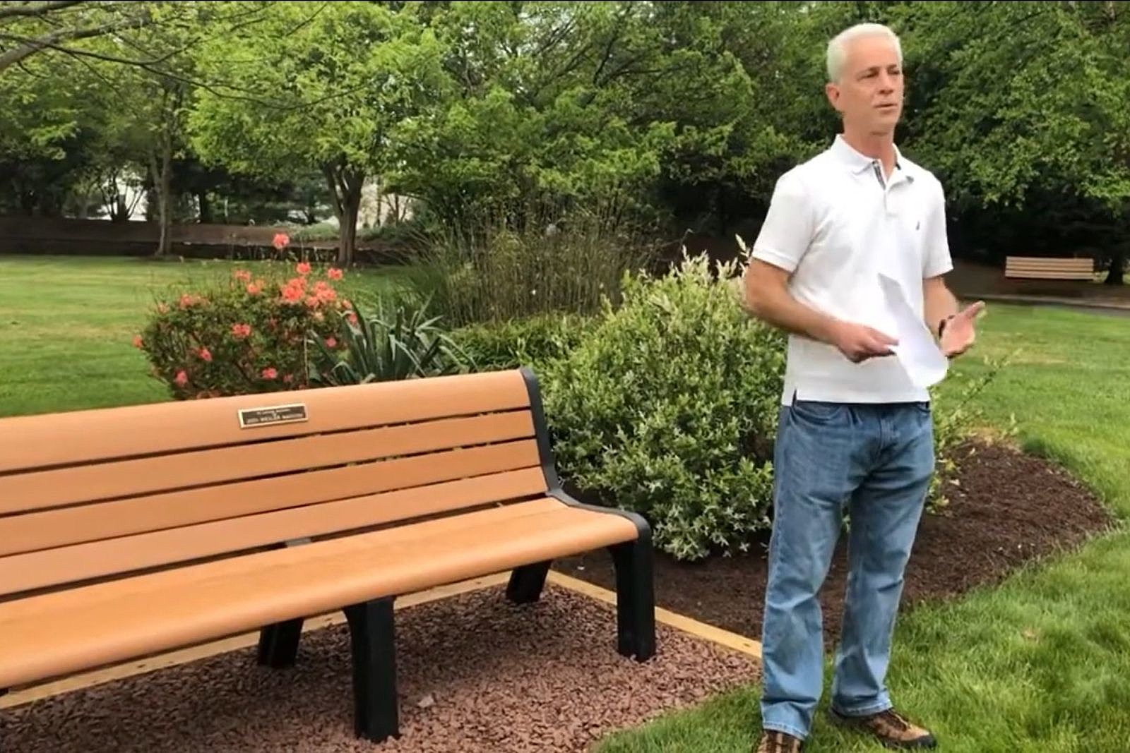 Bench dedicated to Jodi Marcou at Veterans Park in South Brunswick in May