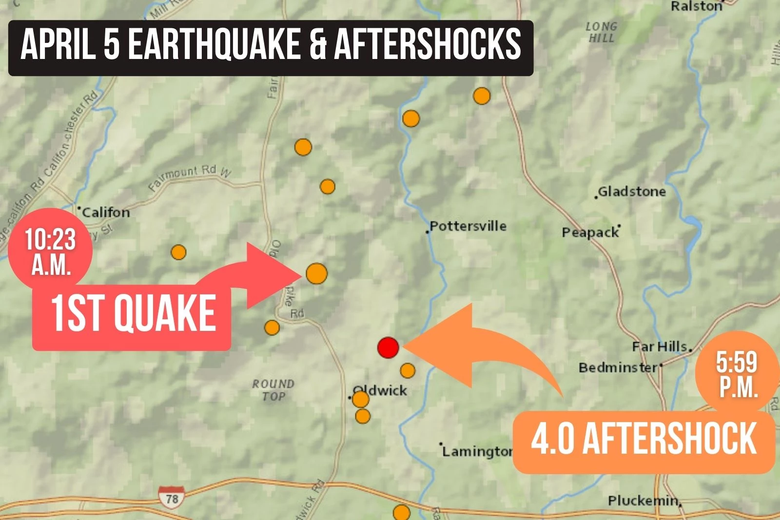 April 5, 2024 quake map. (USGS/Townsquare Media illustration)