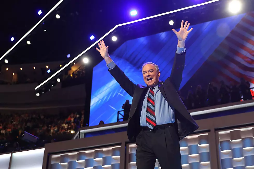 Vice President nominee Tim Kaine acknowledges the crowd after delivering remarks on the third day of the Democratic National Convention