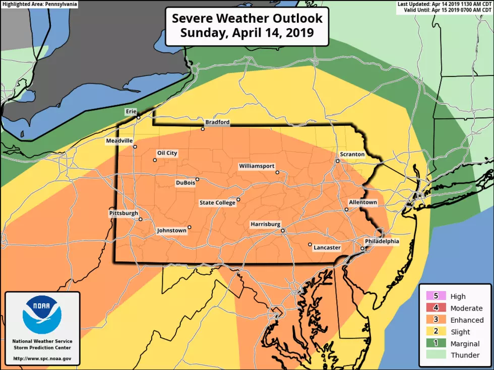 Western New Jersey fall in an "Enhanced" risk of severe thunderstorms through early Monday morning. (NOAA / SPC)